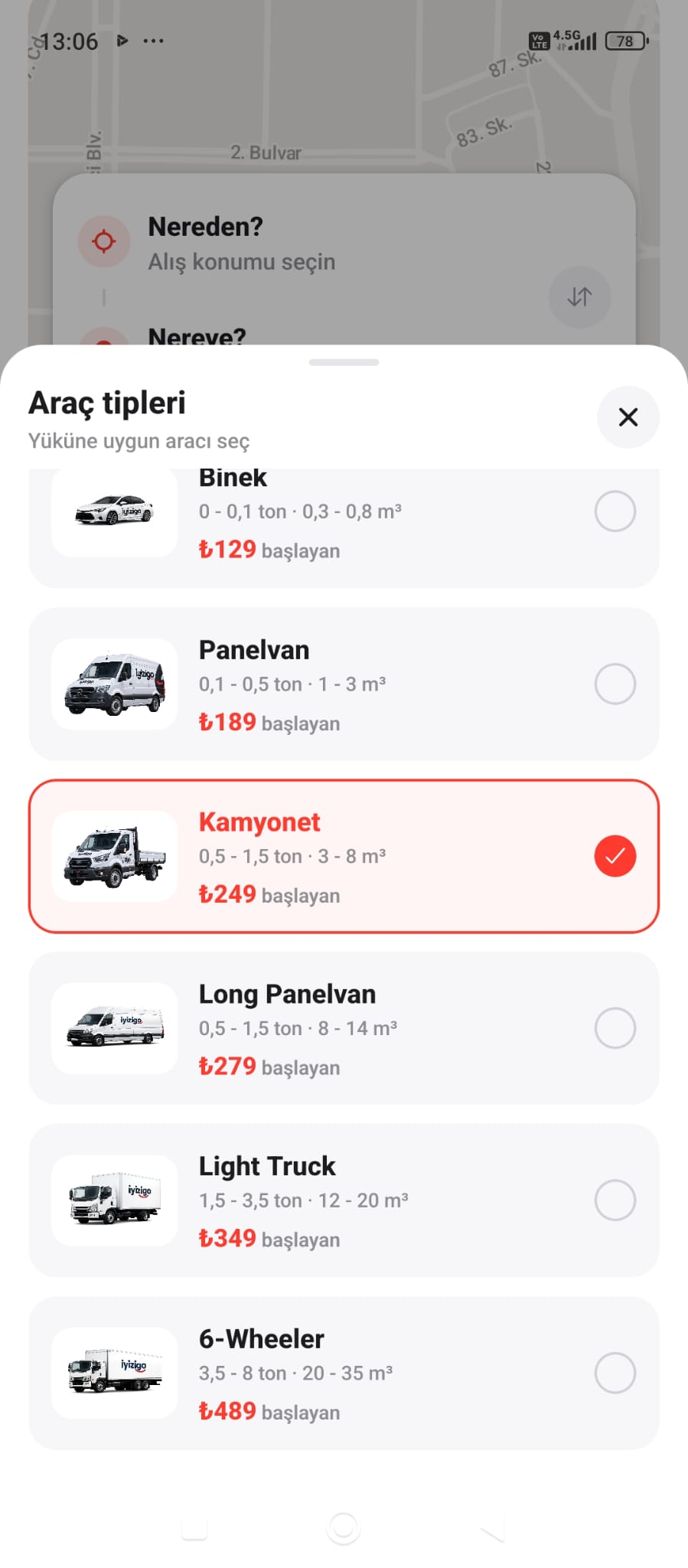 Araç tipleri ekranı